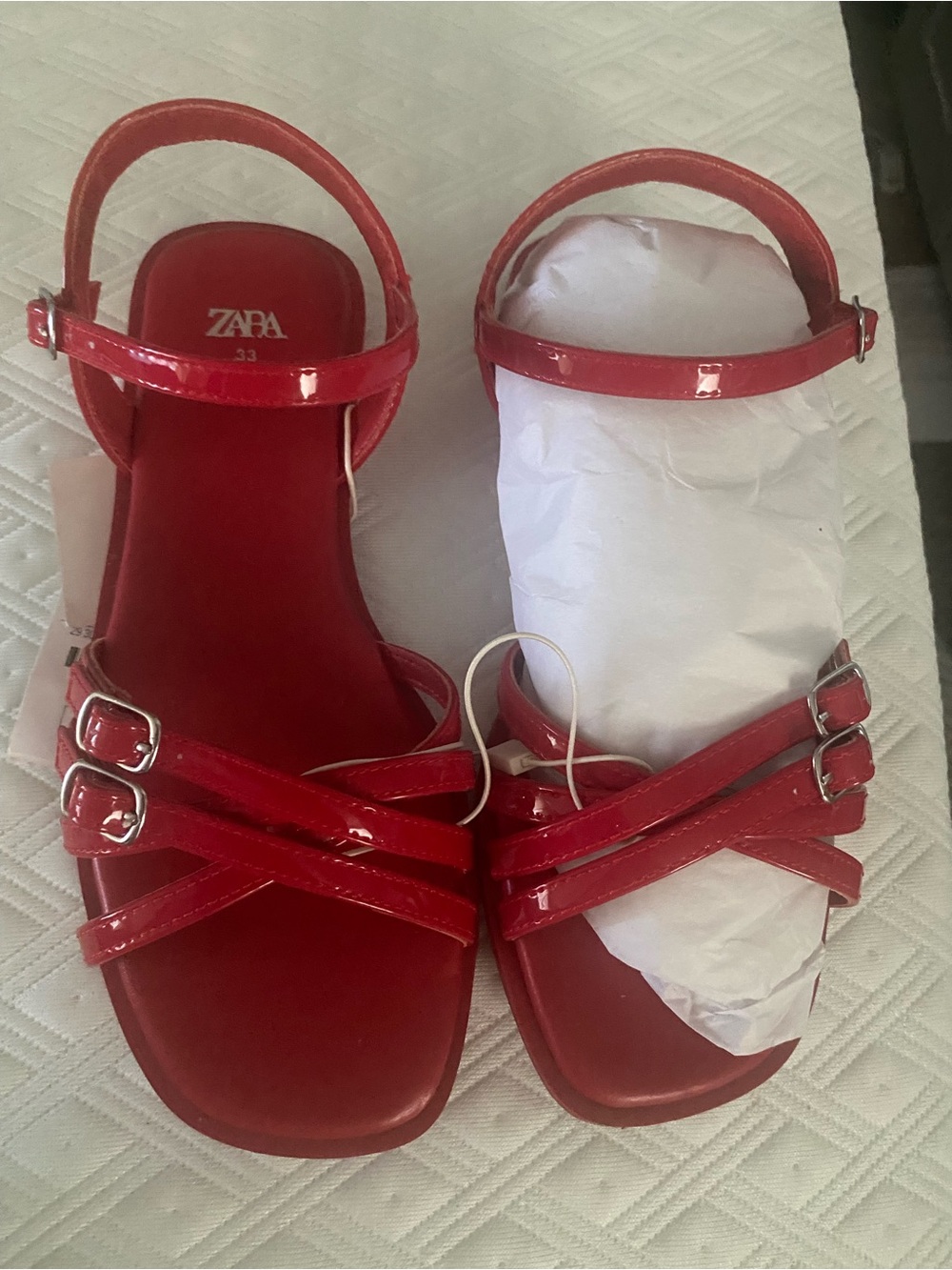 Zara Patent Red Double-Buckle Cross-Strap Sandals